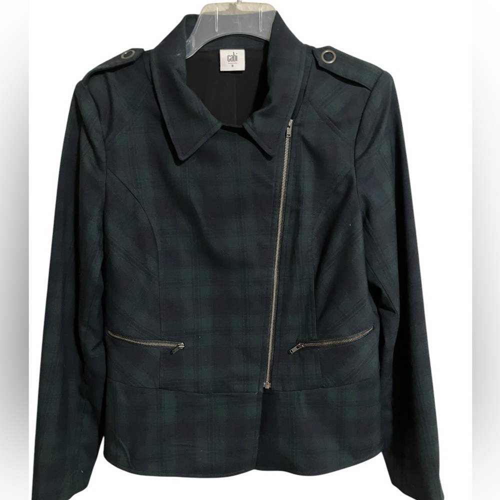 CAbi Tartan Green Blue Plaid‎ Academia Asymmetric Career Zip Moto BlazerJacket 8